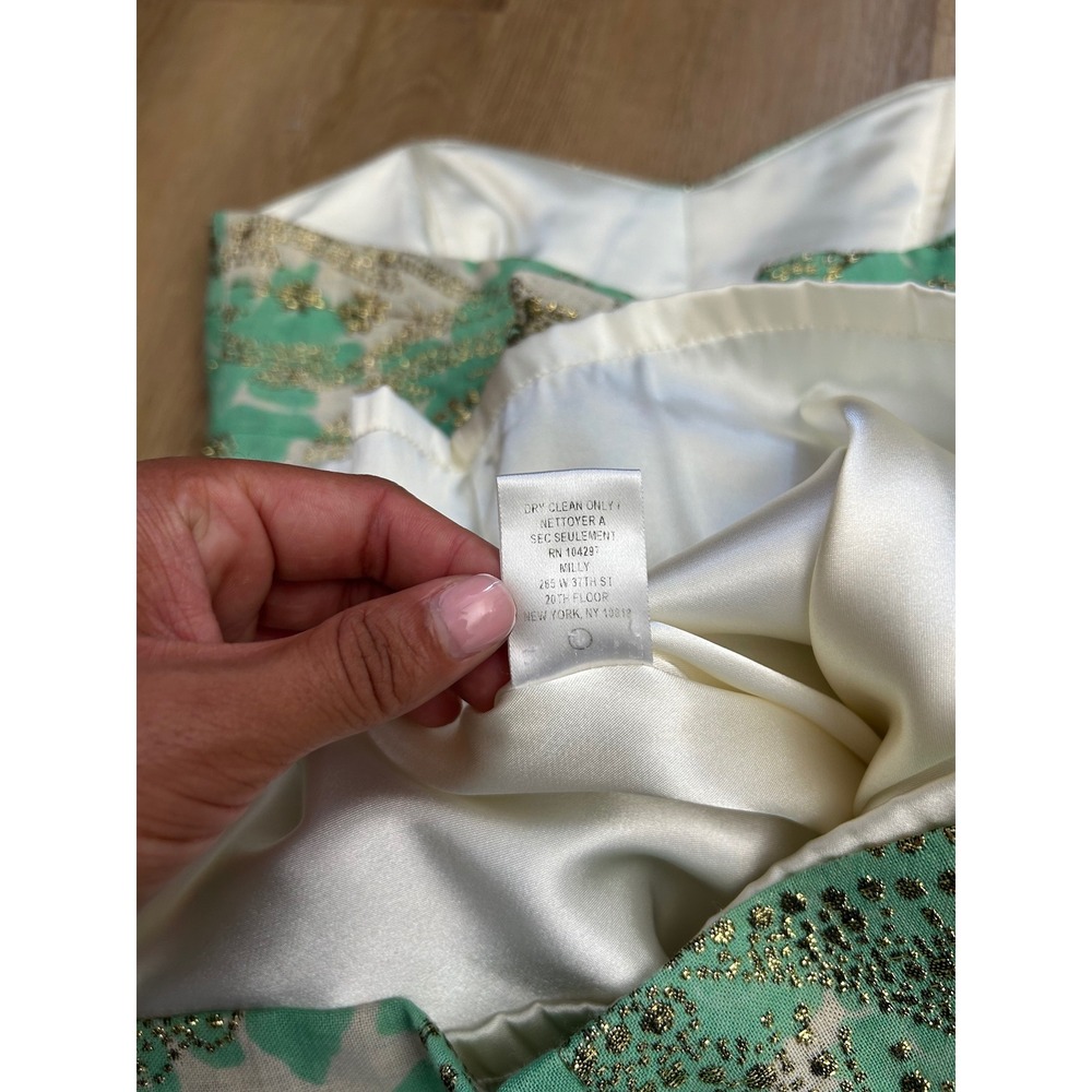Vtg Milly New York Strapless Metallic Floral Brocade Cocktail Dress Green Gold 0 - Picture 7 of 9